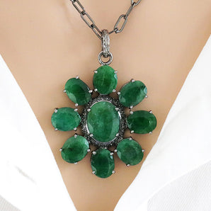 Pave Diamond and Emerald Flower Pendant, (DPL-2442)