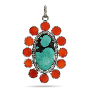 Pave Diamond Turquoise and Carnelian Pendant, (DPL-2445)