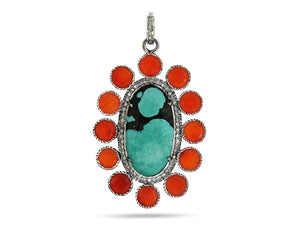 Pave Diamond Turquoise and Carnelian Pendant, (DPL-2445)
