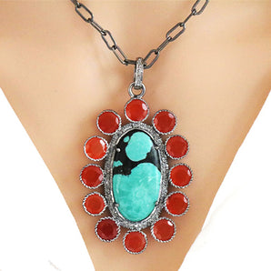 Pave Diamond Turquoise and Carnelian Pendant, (DPL-2445)