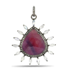 Pave Diamond Rosecut Ruby & Rainbow Heart Pendant, (DRB-7122)