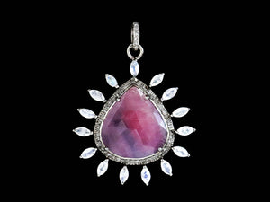 Pave Diamond Rosecut Ruby & Rainbow Heart Pendant, (DRB-7122)