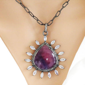 Pave Diamond Rosecut Ruby & Rainbow Heart Pendant, (DRB-7122)