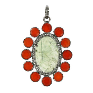 Pave Diamond Phrenite and Carnelian Flower Pendant, (DPL-2448)
