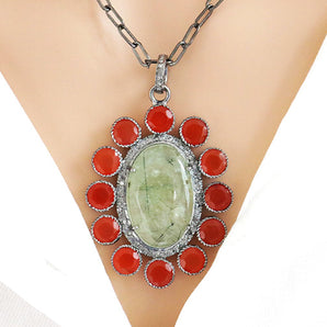 Pave Diamond Phrenite and Carnelian Flower Pendant, (DPL-2448)