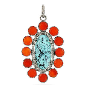 Pave Diamond Turquoise and Carnelian Pendant, (DPL-2446)