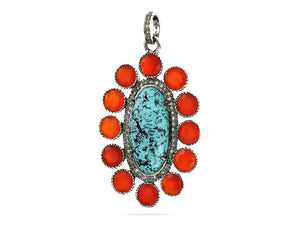 Pave Diamond Turquoise and Carnelian Pendant, (DPL-2446)