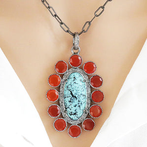 Pave Diamond Turquoise and Carnelian Pendant, (DPL-2446)