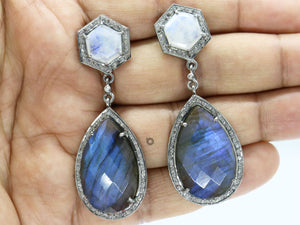 Pave Diamond Labradorite and Moonstone Drop earrings, (DER-1071) - Beadspoint