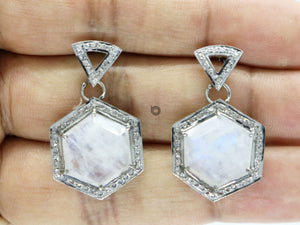 Pave Diamond Hexagon Moonstone Drop earrings, (DER-1072) - Beadspoint