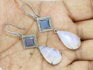 Pave Diamond Labradorite and Moonstone Heart Drop earrings, (DER-1074) - Beadspoint
