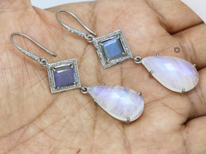 Pave Diamond Labradorite and Moonstone Heart Drop earrings, (DER-1074) - Beadspoint