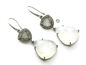 Pave Diamond Labradorite and Moonstone Heart Drop earrings, (DER-1073) - Beadspoint