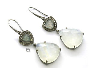 Pave Diamond Labradorite and Moonstone Heart Drop earrings, (DER-1073) - Beadspoint