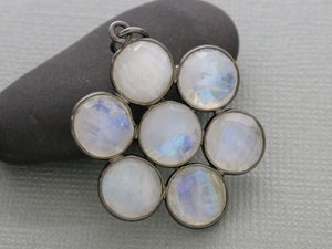 Rainbow Moonstone Faceted Round Coin Flower Pendant w/ Antique Finish, 30 mm, (FLR-1134) - Beadspoint