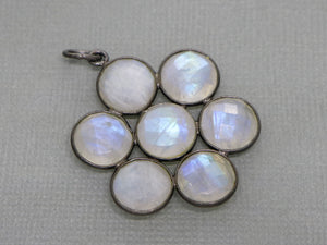 Rainbow Moonstone Faceted Round Coin Flower Pendant w/ Antique Finish, 30 mm, (FLR-1134) - Beadspoint
