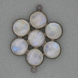 Rainbow Moonstone Faceted Round Coin Flower Connector w/ Antique Finish, 30 mm, (FLR-1136) - Beadspoint