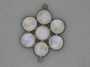 Rainbow Moonstone Faceted Round Coin Flower Connector w/ Antique Finish, 30 mm, (FLR-1136) - Beadspoint