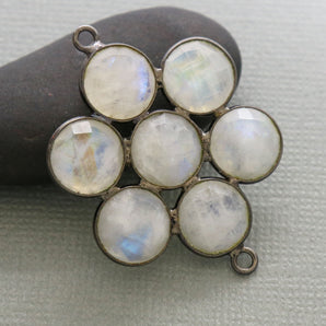 Rainbow Moonstone Faceted Round Coin Flower Connector w/ Antique Finish, 30 mm, (FLR-1136) - Beadspoint