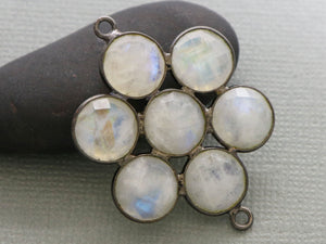 Rainbow Moonstone Faceted Round Coin Flower Connector w/ Antique Finish, 30 mm, (FLR-1136) - Beadspoint