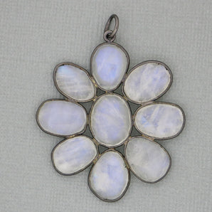 Rainbow Moonstone Faceted Flower Pendant w/ Antique Finish, 44x40 mm, (FLR-1139) - Beadspoint