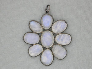 Rainbow Moonstone Faceted Flower Pendant w/ Antique Finish, 44x40 mm, (FLR-1139) - Beadspoint