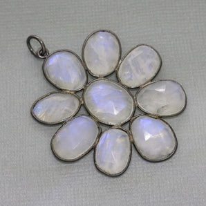 Rainbow Moonstone Faceted Flower Pendant w/ Antique Finish, 44x40 mm, (FLR-1139) - Beadspoint