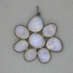 Rainbow Moonstone Faceted Flower Pendant w/ Antique Finish, 36x40 mm, (FLR-1140) - Beadspoint