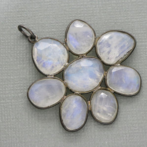 Rainbow Moonstone Faceted Flower Pendant w/ Antique Finish, 36x40 mm, (FLR-1140) - Beadspoint