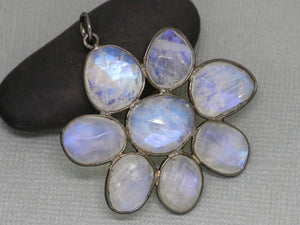 Rainbow Moonstone Faceted Flower Pendant w/ Antique Finish, 36x40 mm, (FLR-1140) - Beadspoint
