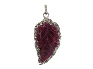 Pave Diamond Ruby Carved Art Deco Leaf Pendant, (DRB-7125)
