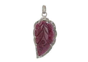 Pave Diamond Ruby Carved Art Deco Leaf Pendant, (DRB-7125)