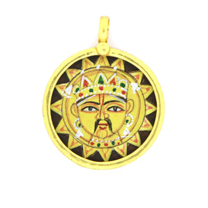 Hand Painted Surya Sun Round Pendant, 23mm, (BYCH-007-BLU) - Beadspoint