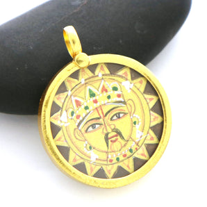 Hand Painted Surya Sun Round Pendant, 23mm, (BYCH-007-BLU) - Beadspoint