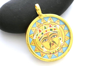 Hand Painted Surya Sun Round Pendant, 23mm, (BYCH-007-BLU) - Beadspoint