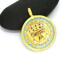 Hand Painted Surya Sun Round Pendant, 23mm, (BYCH-007-BLU) - Beadspoint