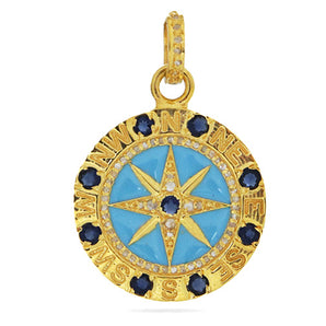 Pave Diamond Enamel Compass Medallion Pendant with Sapphire, (DPM-1208)