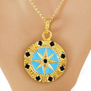Pave Diamond Enamel Compass Medallion Pendant with Sapphire, (DPM-1208)