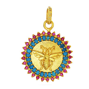 Pave Diamond Queen Bee Medallion Pendant with Ruby and Turquoise, (DPM-1207)