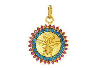 Pave Diamond Queen Bee Medallion Pendant with Ruby and Turquoise, (DPM-1207)