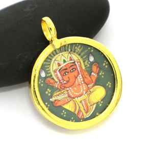 Hand Painted Ganesha Round Pendant, 23mm, (BYCH-013) - Beadspoint