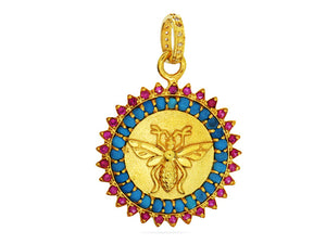 Pave Diamond Queen Bee Medallion Pendant with Ruby and Turquoise, (DPM-1207)
