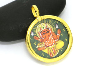 Hand Painted Ganesha Round Pendant, 23mm, (BYCH-013) - Beadspoint