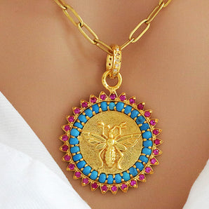 Pave Diamond Queen Bee Medallion Pendant with Ruby and Turquoise, (DPM-1207)