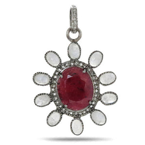 Pave Diamond Rosecut Ruby and Moonstone Pendant, (DPM-1206)