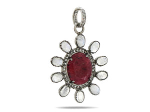 Pave Diamond Rosecut Ruby and Moonstone Pendant, (DPM-1206)