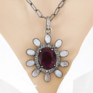 Pave Diamond Rosecut Ruby and Moonstone Pendant, (DPM-1206)