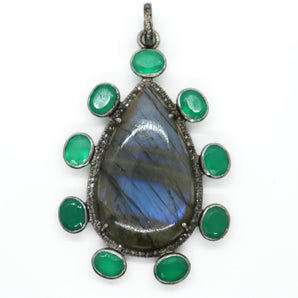 Pave Diamond Labradorite and Green Onyx Pendant, (DLB-038) - Beadspoint