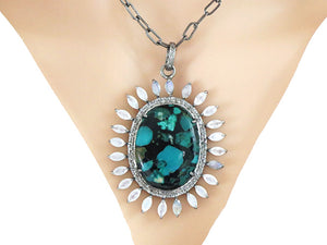 Pave Diamond Turquoise and Moonstone Pendant, (DPL-2455)
