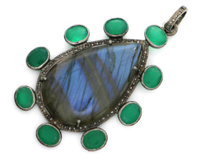 Pave Diamond Labradorite and Green Onyx Pendant, (DLB-038) - Beadspoint